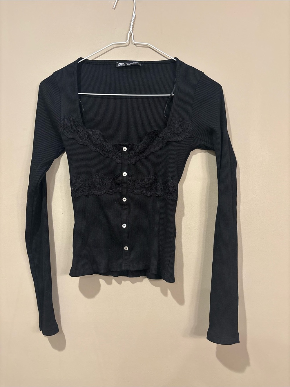 Zara Black Lace-Trim Ribbed Button-Front Top